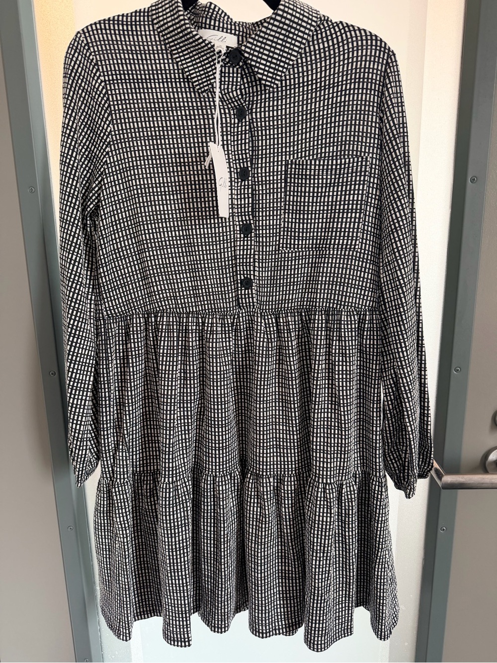 Gilli Black and White Grid Tiered Button-Up Dress